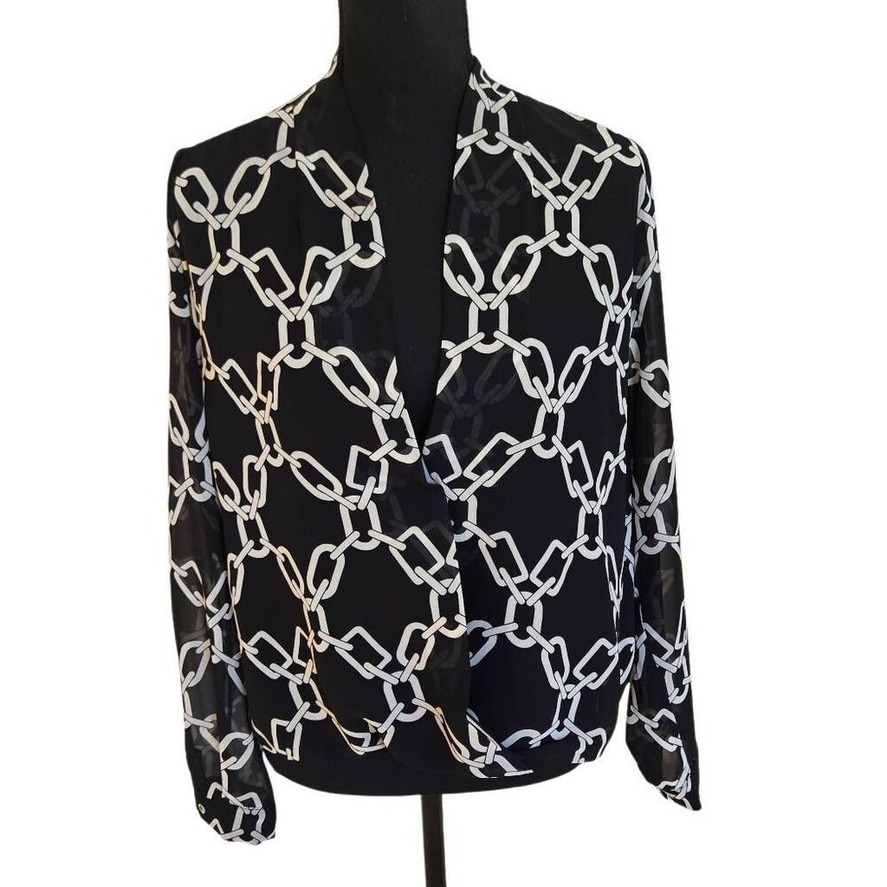 WEST K Womens Chain Link Print Semi-sheer Hi-low Blouse Black White Large